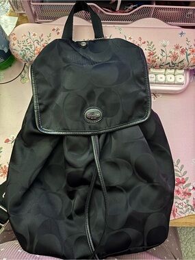Coach Black Signature Nylon Backpack with Logo Plaque
